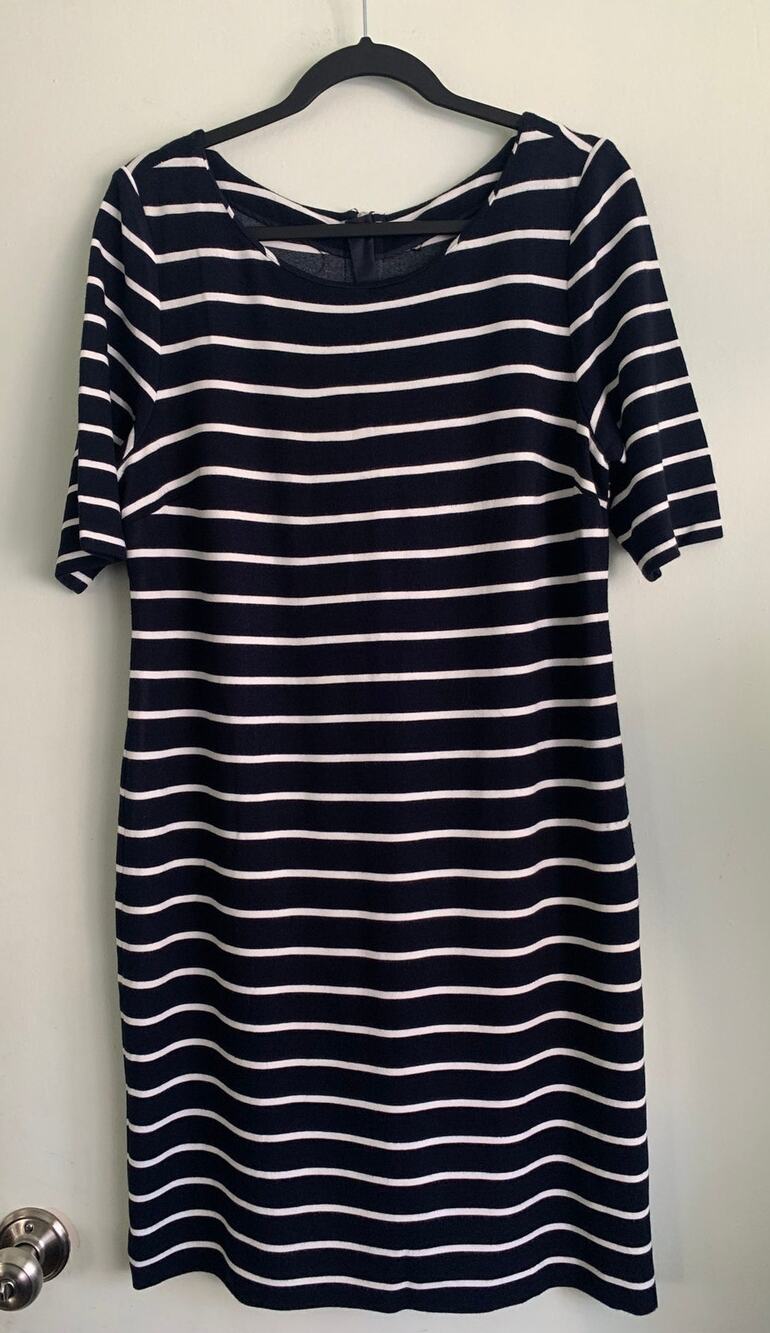 Gap Inc Striped Ponte Knit Sheath Dress Medium Navy White Exposed Back Zip